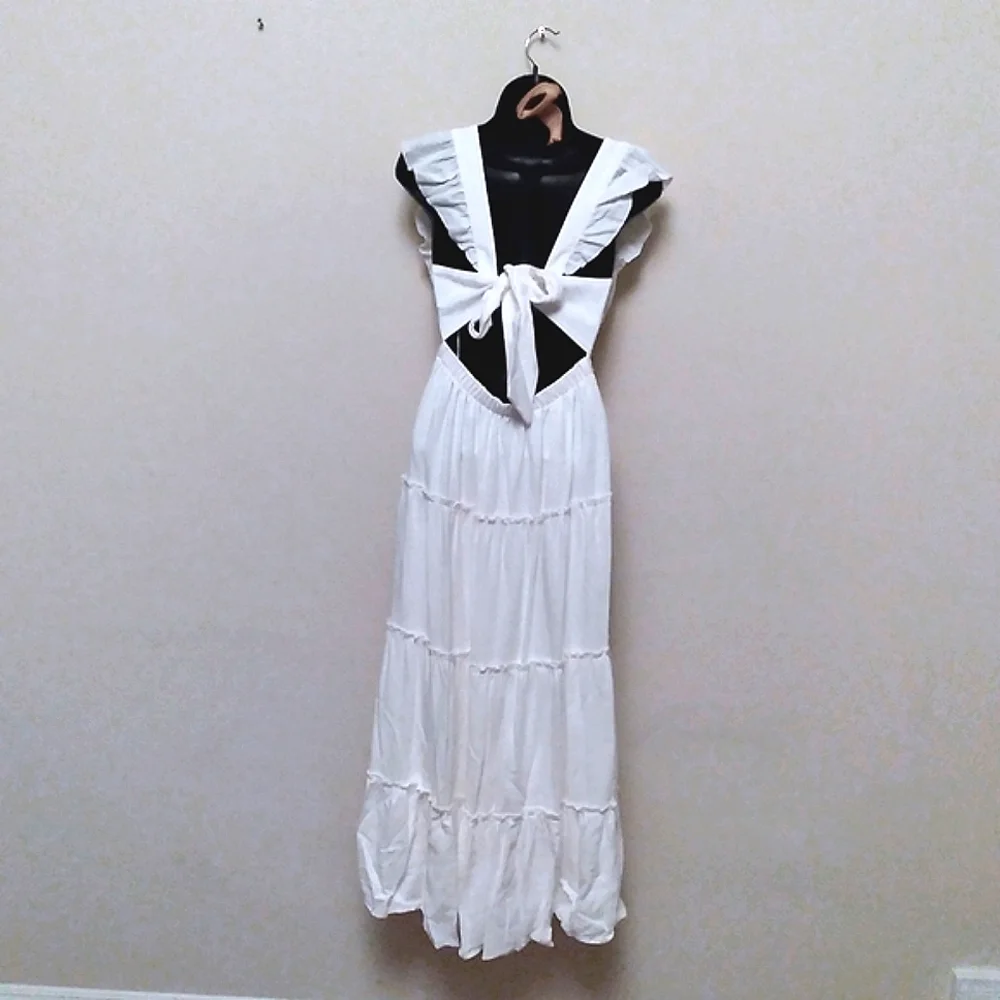 NWT SHOW ME YOUR MUMU Lovely White Linen Blend Tiered Ruffled Midi Dress, XS - Picture 3 of 11